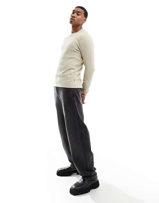 Only & Sons Crew Neck Textured Knit Sweater In Beige