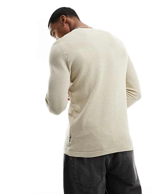 Only & Sons Crew Neck Textured Knit Sweater In Beige