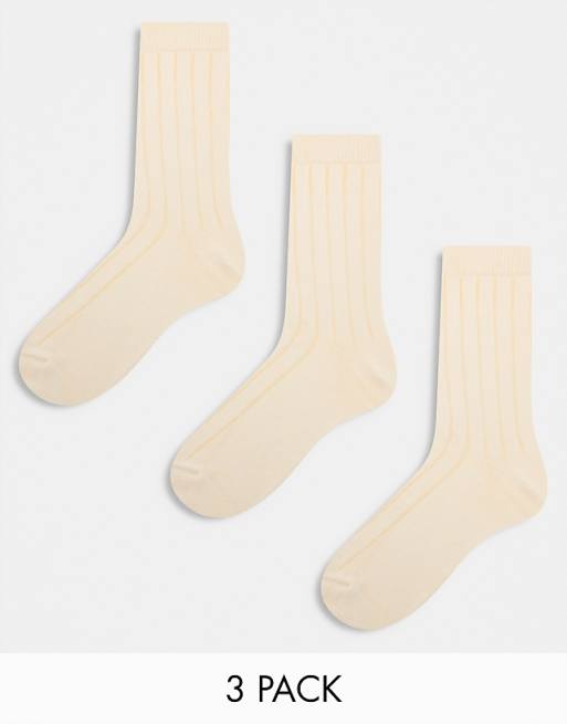 Men ASOS DESIGN 3 pack ribbed sock in ecru