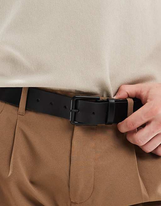Asos Design Smart Leather Belt In Black With Matte Black Buckle