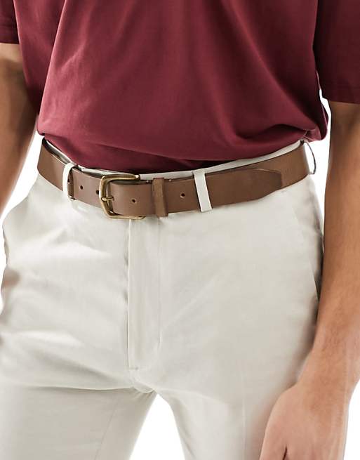 Asos Design Leather Belt With Burnished Gold Buckle In Vintage Brown