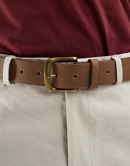Asos Design Leather Belt With Burnished Gold Buckle In Vintage Brown