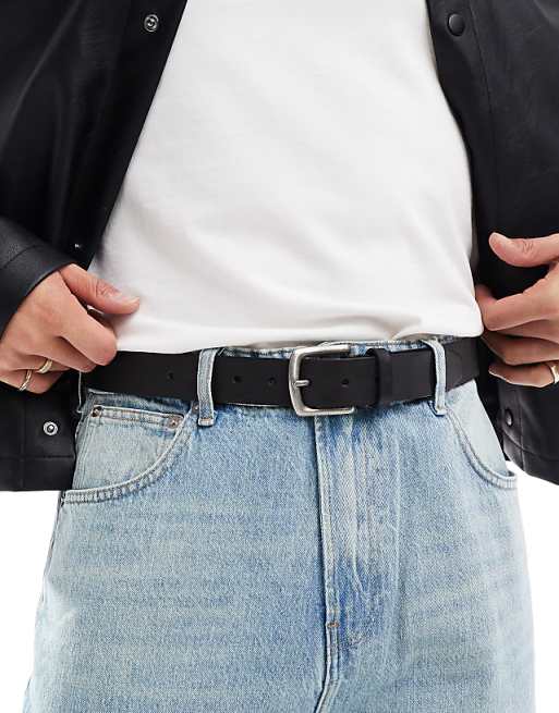 Asos Design Leather Belt With Burnished Silver Buckle In Vintage Black