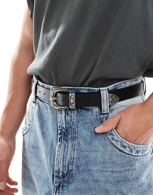 Asos Design Belt In Faux Leather With Silver Western Buckle In Black