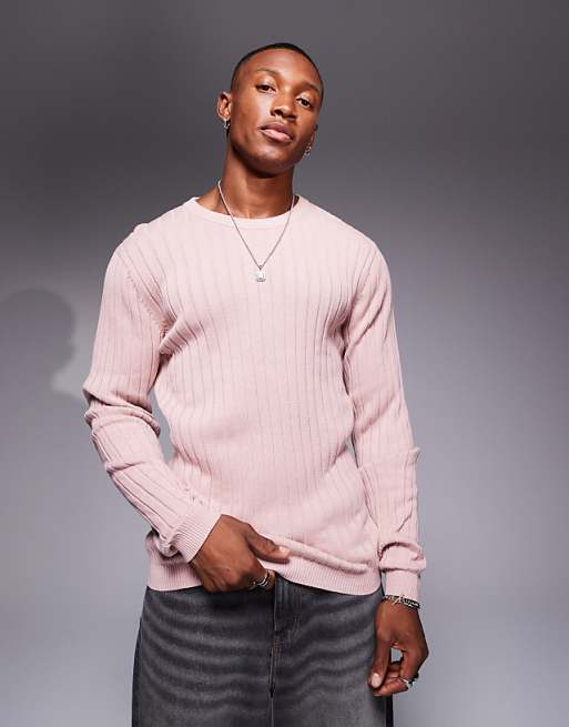 Asos Design Essential Muscle Fit Knitted Rib Sweater In Pink
