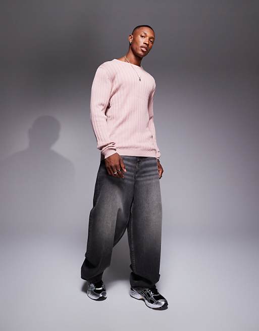 Asos Design Essential Muscle Fit Knitted Rib Sweater In Pink