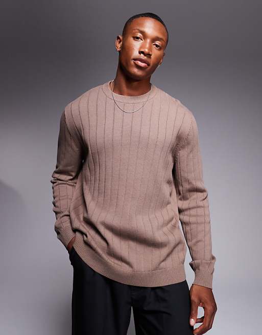 Asos Design Relaxed Knitted Wide Rib Sweater In Brown