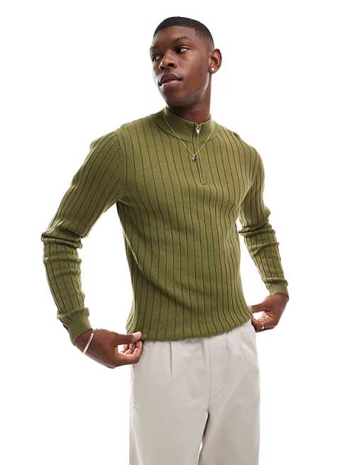Asos Design Essential Muscle Fit Rib Knit 1/2 Zip Sweater In Khaki