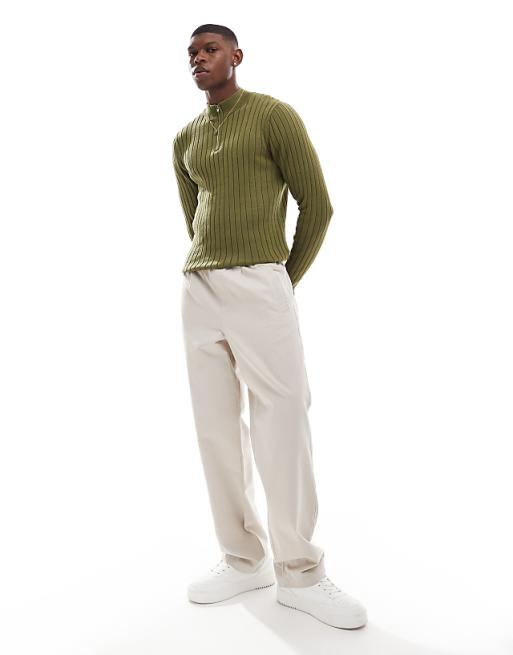 Asos Design Essential Muscle Fit Rib Knit 1/2 Zip Sweater In Khaki