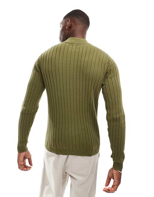 Asos Design Essential Muscle Fit Rib Knit 1/2 Zip Sweater In Khaki