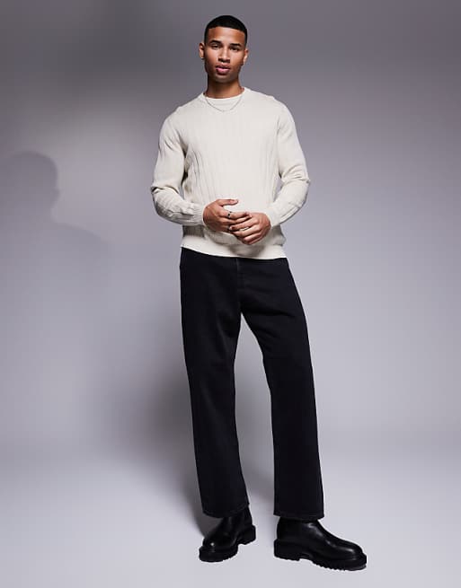 Asos Design Relaxed Knit Wide Ribbed Sweater In Oatmeal