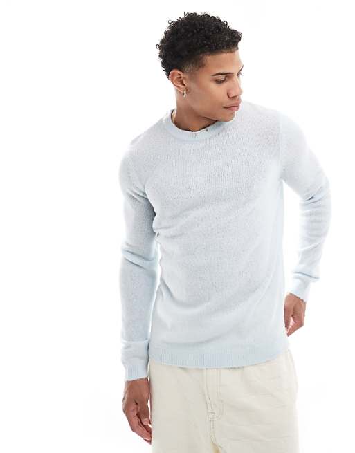 Asos Design Ligthweight Brushed Knitted Sweater In Light Blue