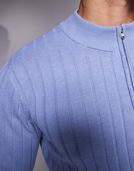 Asos Design Essential Muscle Fit Knitted Rib Quarter Zip Sweater In Blue