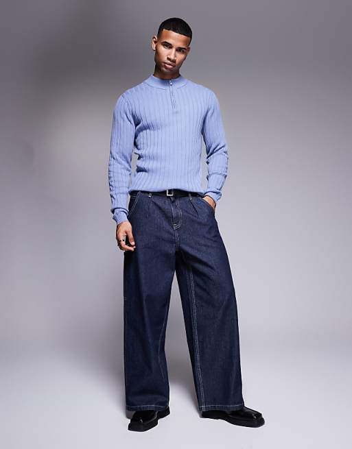 Asos Design Essential Muscle Fit Knitted Rib Quarter Zip Sweater In Blue