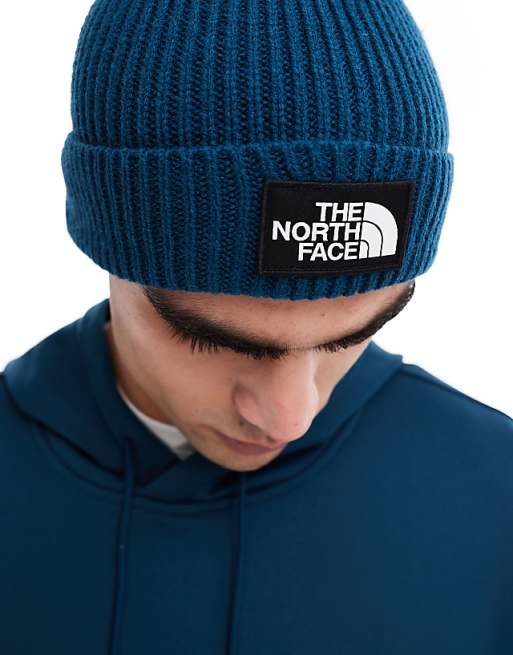 The North Face Logo Box Cuffed Beanie In Petrol Blue
