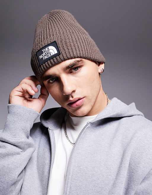 The North Face Logo Box Cuffed Beanie In Smoky Brown