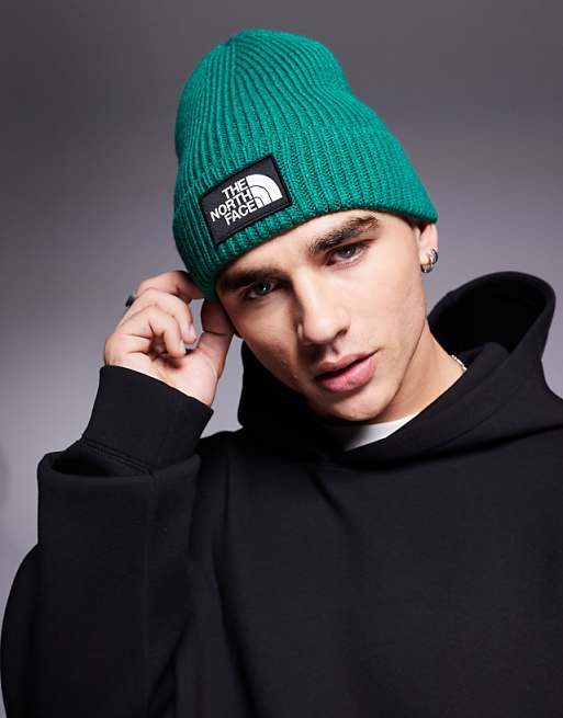 The North Face Logo Box Cuffed Beanie In Evergreen
