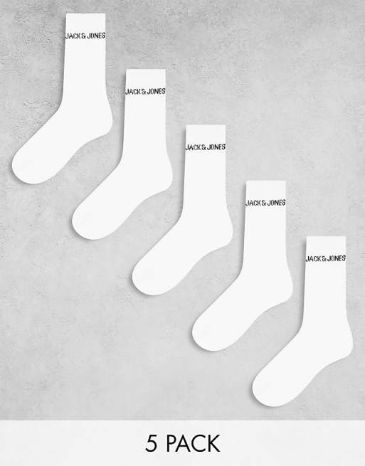 Men Jack & Jones 5 pack ribbed logo socks in white
