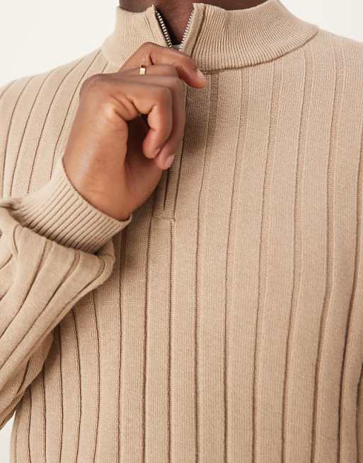 Asos Design Essential Muscle Fit Knitted Rib Quarter Zip Sweater In Taupe