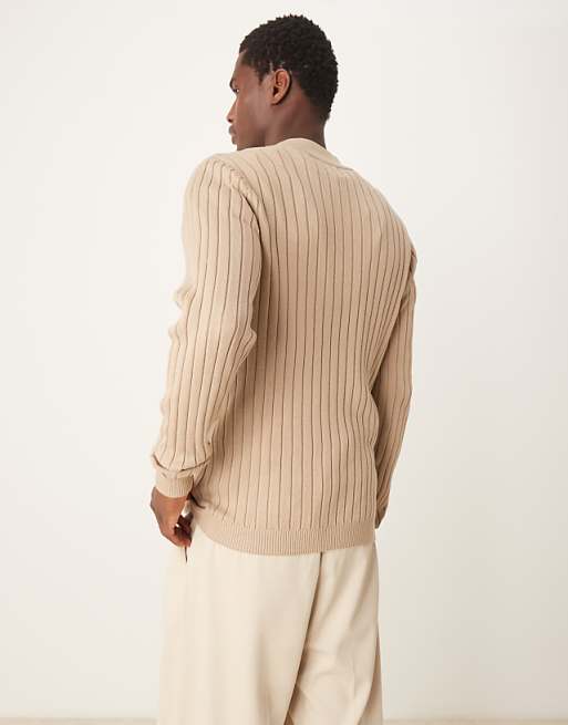 Asos Design Essential Muscle Fit Knitted Rib Quarter Zip Sweater In Taupe