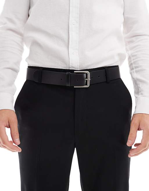 Asos Design Smart Leather Belt With Burnished Silver Buckle In Black