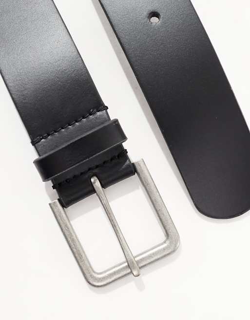 Asos Design Smart Leather Belt With Burnished Silver Buckle In Black