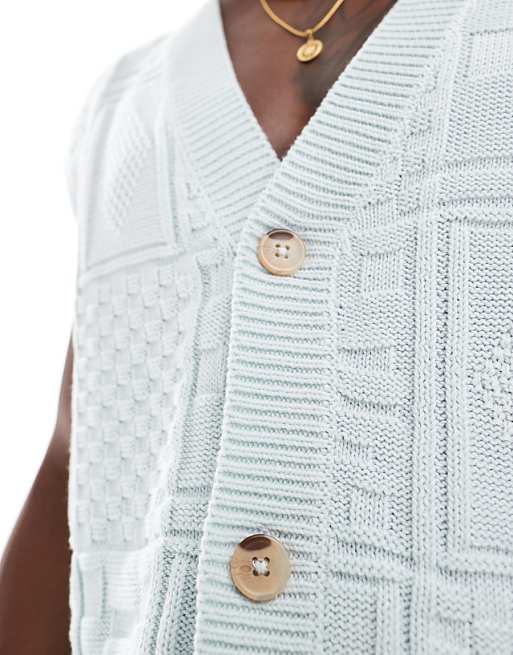 Asos Design Relaxed Textured Knit Button Up Sleeveless Cardigan In Light Blue