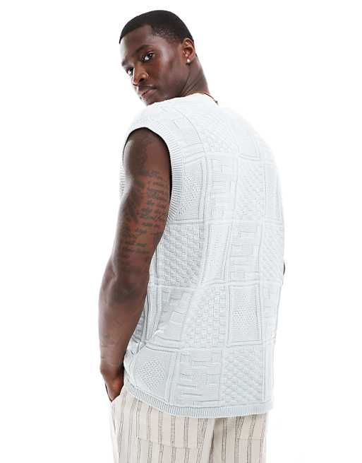 Asos Design Relaxed Textured Knit Button Up Sleeveless Cardigan In Light Blue