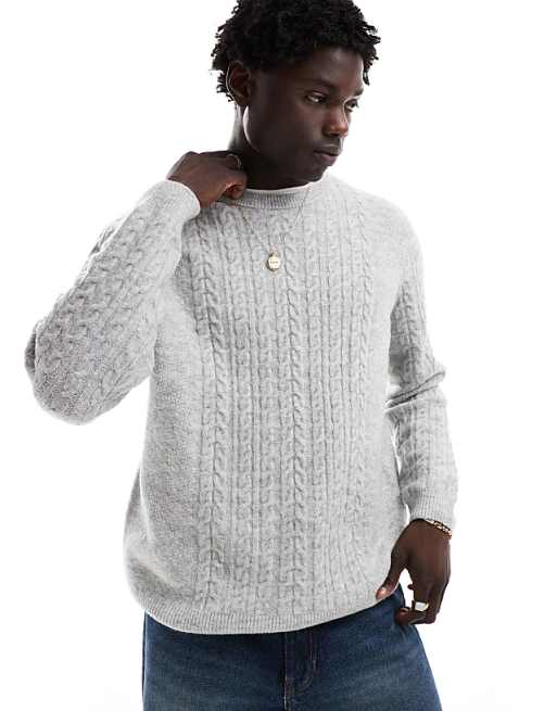 Asos Design Relaxed Slouchy Crew Neck Cable Knit Sweater In Heather Gray