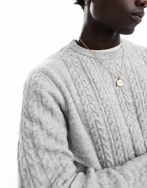 Asos Design Relaxed Slouchy Crew Neck Cable Knit Sweater In Heather Gray