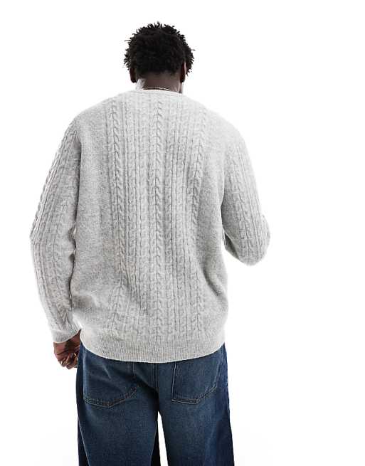 Asos Design Relaxed Slouchy Crew Neck Cable Knit Sweater In Heather Gray