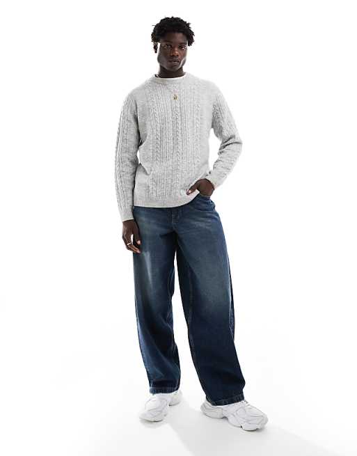 Asos Design Relaxed Slouchy Crew Neck Cable Knit Sweater In Heather Gray