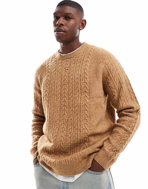 Asos Design Relaxed Slouchy Crew Neck Cable Knit Sweater In Tan