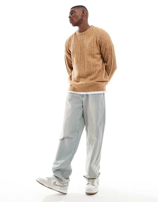 Asos Design Relaxed Slouchy Crew Neck Cable Knit Sweater In Tan