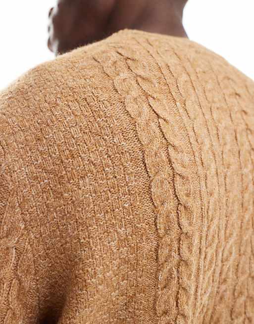 Asos Design Relaxed Slouchy Crew Neck Cable Knit Sweater In Tan