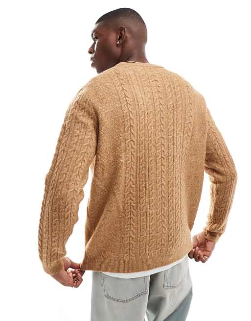 Asos Design Relaxed Slouchy Crew Neck Cable Knit Sweater In Tan
