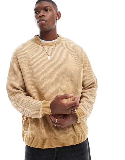 Asos Design Oversized Rib Knit Pleated Fisherman Sweater In Brown