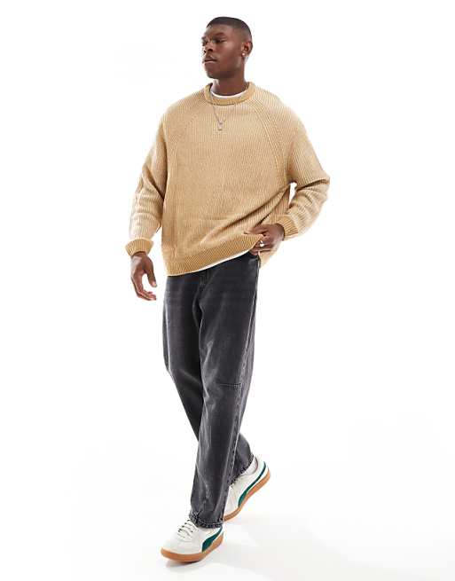 Asos Design Oversized Rib Knit Pleated Fisherman Sweater In Brown