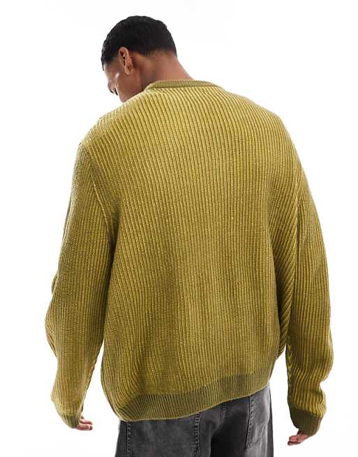 Asos Design Oversized Rib Knit Pleated Fisherman Sweater In Chartreuse