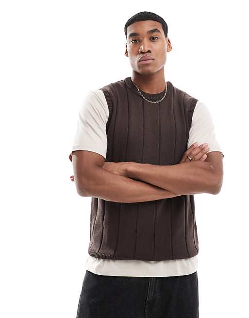 Threadbare Rib Knit Crew Neck Tank Top In Brown Sweater