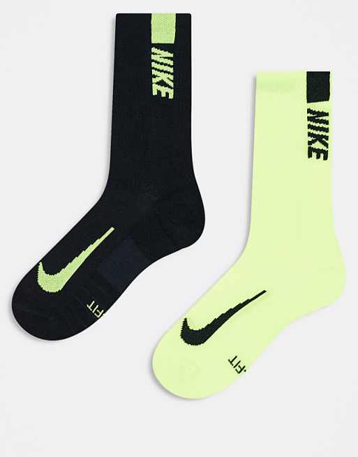 Men Nike Running Multiplier 2-pack crew socks in black and lime