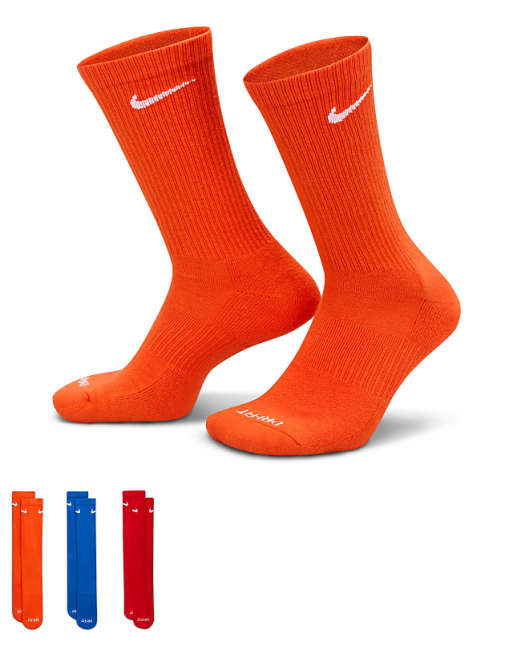 Men Nike Training Everyday Plus Cushioned 3 pack crew sock in orange, blue and red