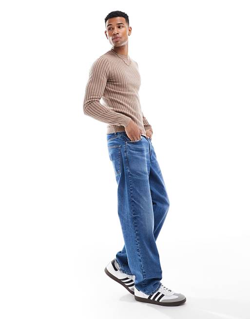 Asos Design Muscle Fit Washed Knitted Sweater In Brown Rib