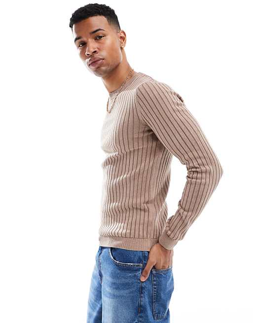 Asos Design Muscle Fit Washed Knitted Sweater In Brown Rib