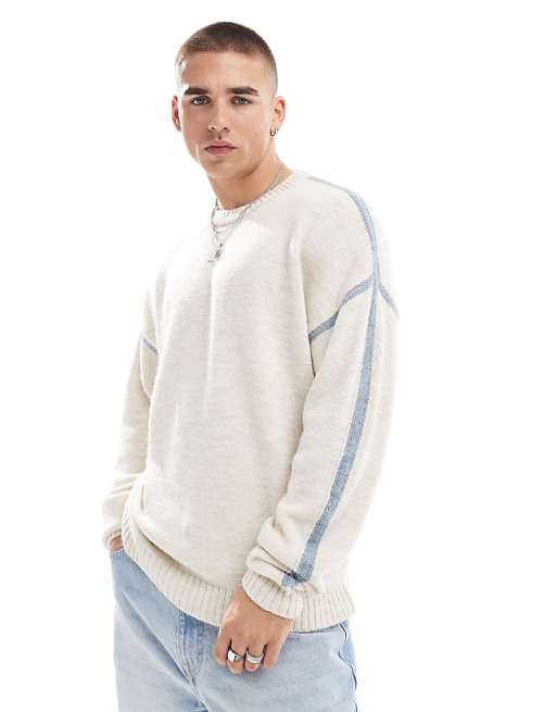 Asos Design Relaxed Knit Sweater In Ecru With Blue Seams