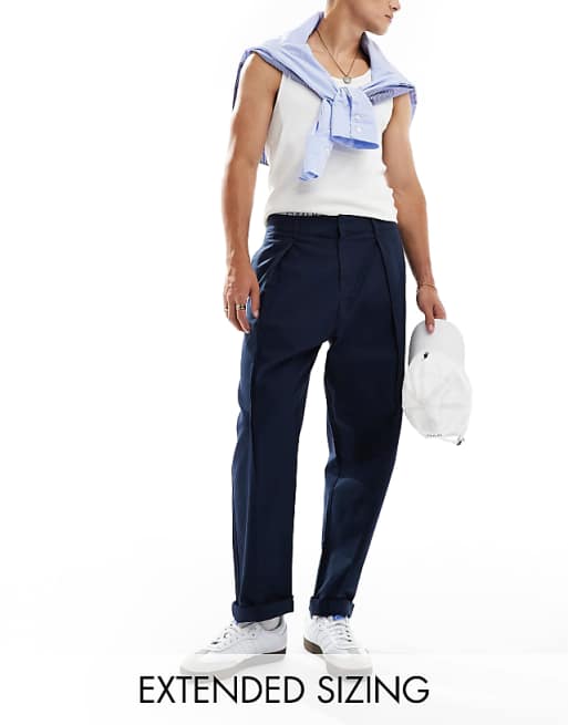 Asos Design Straight Leg Chino Pants With Pleats In Navy