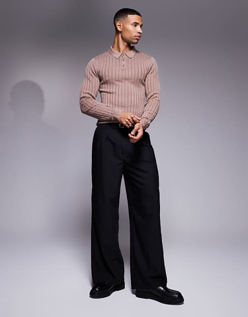 Asos Design Knit Washed Muscle Ribbed Polo Sweater In Brown