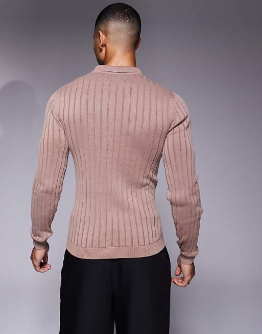 Asos Design Knit Washed Muscle Ribbed Polo Sweater In Brown