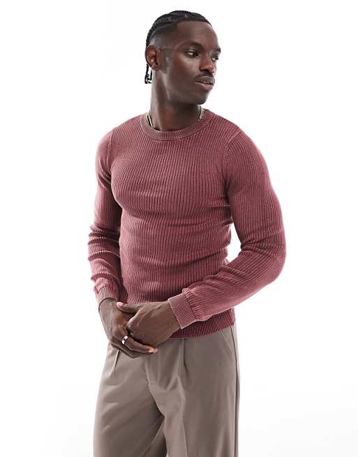 Asos Design Washed Knit Muscle Ribbed Crew Neck Sweater In Burgundy