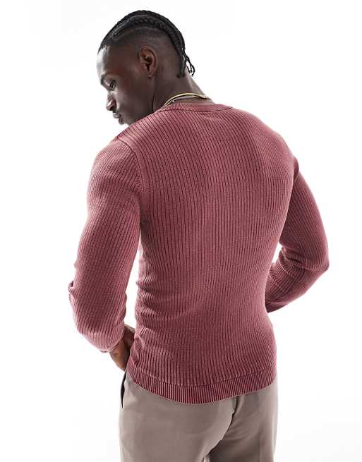 Asos Design Washed Knit Muscle Ribbed Crew Neck Sweater In Burgundy